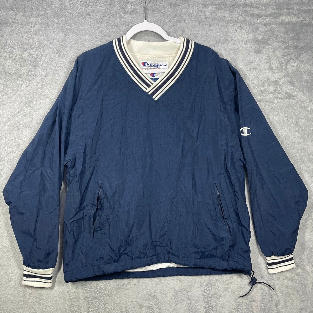 Champion Windbreaker Men M Navy Blue V-Neck Pullover Nylon Jacket Vintage